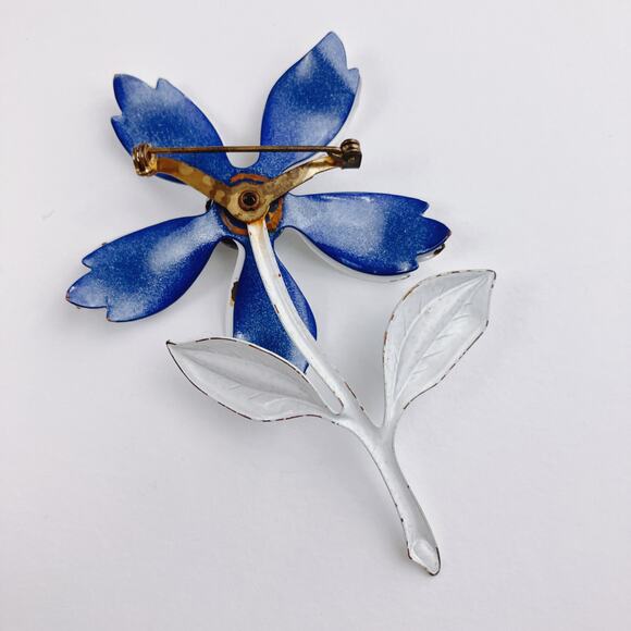 Vintage 60's Blue White Enamel Flower Brooch Pin Retro Mid Century Metal Jewelry - Picture 7 of 11